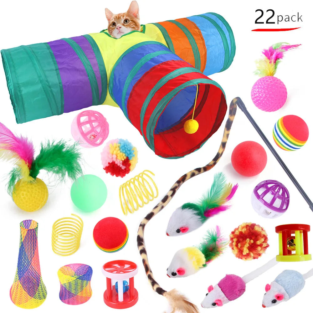 12-24pcs Set Pet Kitten Toys Variety Cat Toy Combination Set Cat Toy Funny Cat Stick Sisal Mouse Bell Ball Cat Supplies