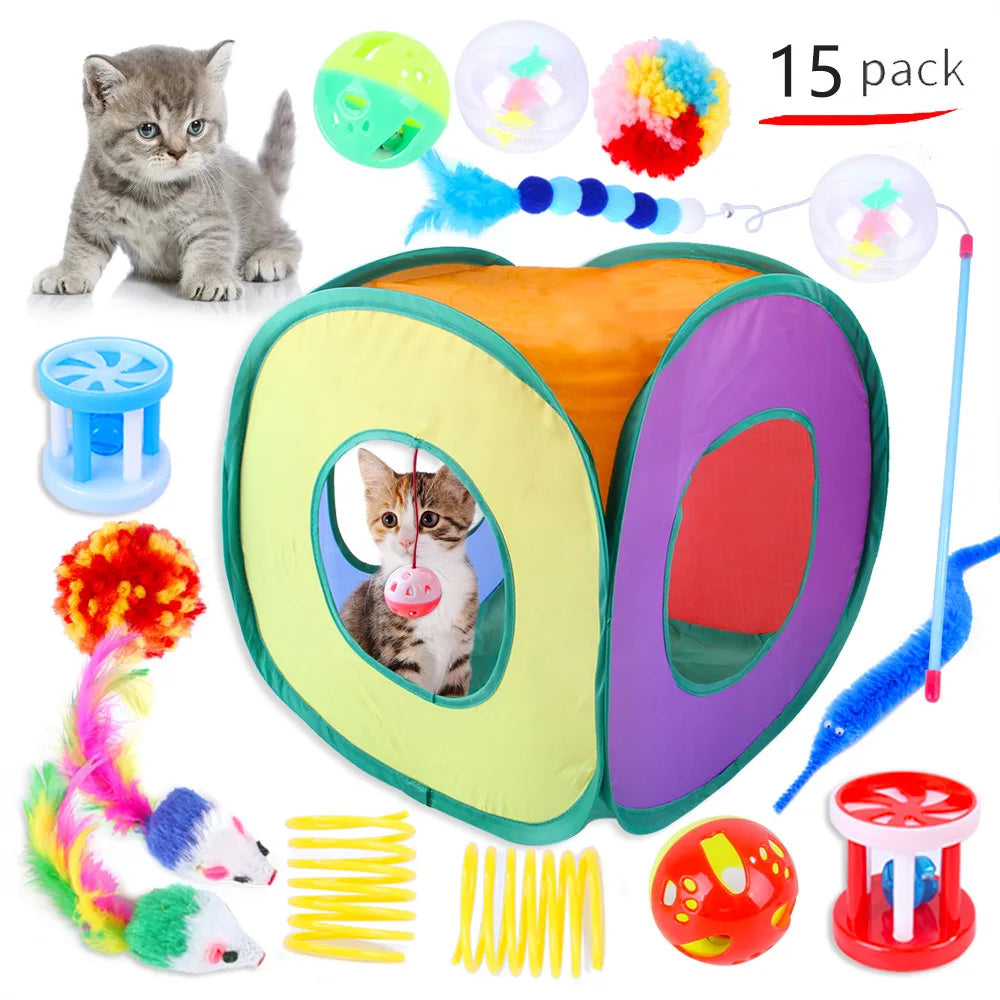 12-24pcs Set Pet Kitten Toys Variety Cat Toy Combination Set Cat Toy Funny Cat Stick Sisal Mouse Bell Ball Cat Supplies