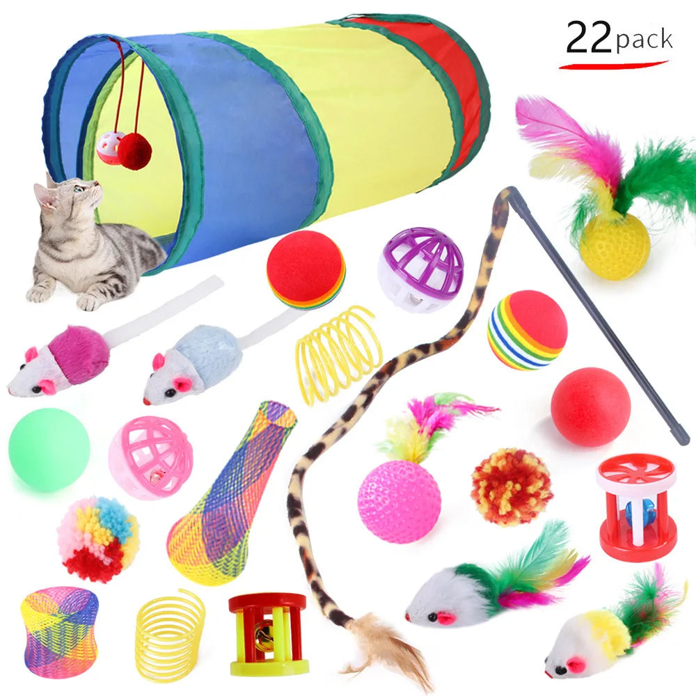12-24pcs Set Pet Kitten Toys Variety Cat Toy Combination Set Cat Toy Funny Cat Stick Sisal Mouse Bell Ball Cat Supplies