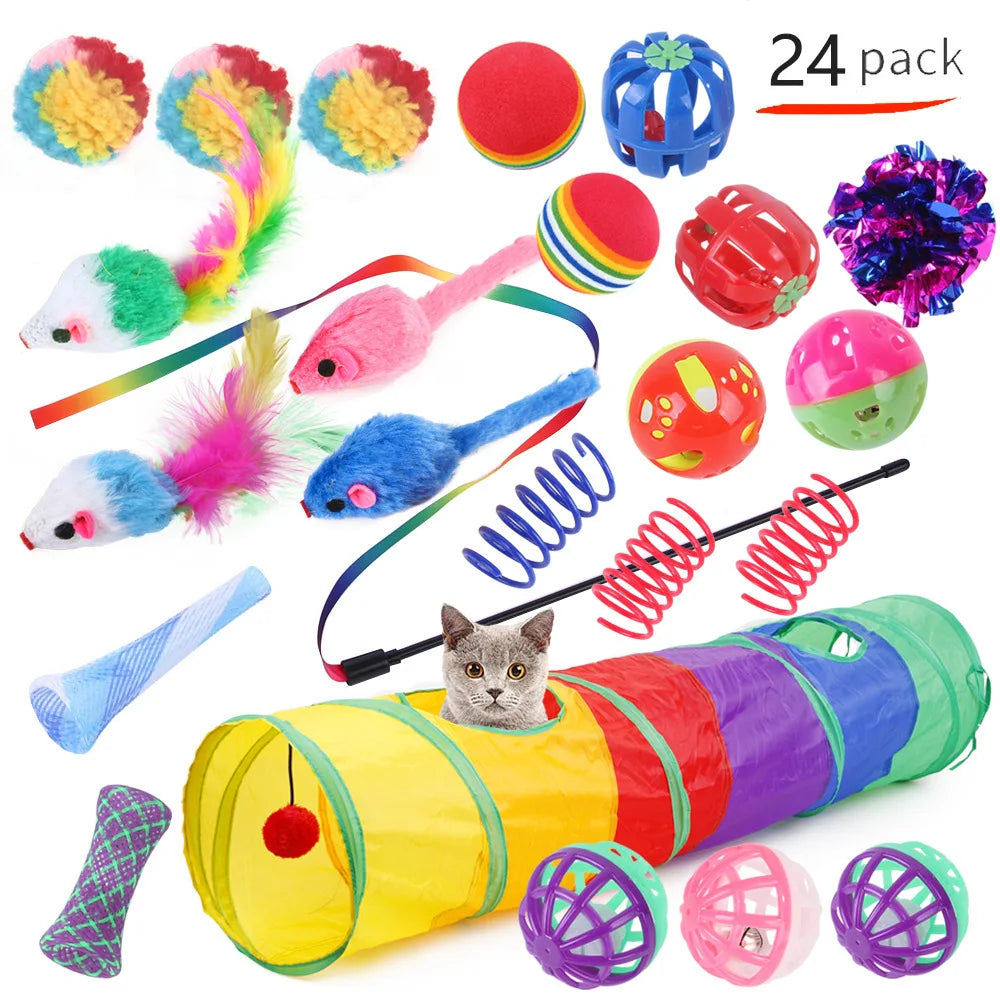 12-24pcs Set Pet Kitten Toys Variety Cat Toy Combination Set Cat Toy Funny Cat Stick Sisal Mouse Bell Ball Cat Supplies