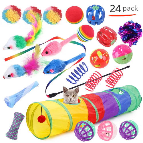 12-24pcs Set Pet Kitten Toys Variety Cat Toy Combination Set Cat Toy Funny Cat Stick Sisal Mouse Bell Ball Cat Supplies